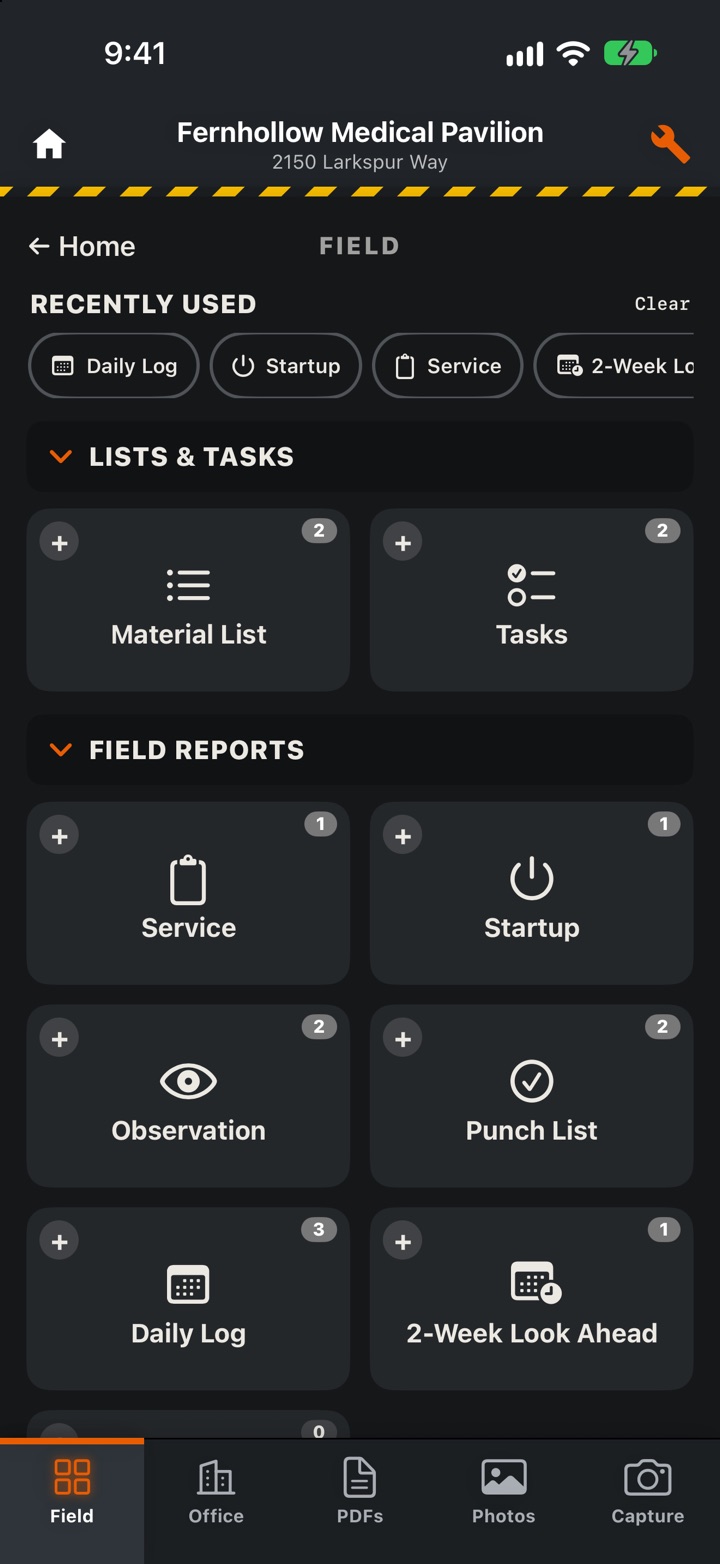 CoordBase on iPhone: the Field tab of the Fernhollow Medical Pavilion project, with material lists, tasks, service and startup reports, observations, punch lists and daily logs
