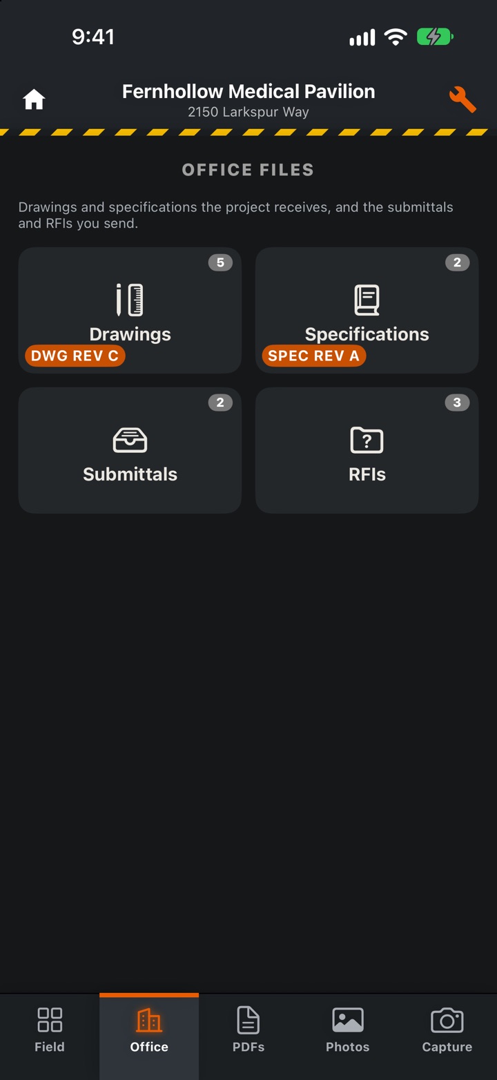 CoordBase on iPhone: the Office tab, with drawings, specifications, submittals and RFIs