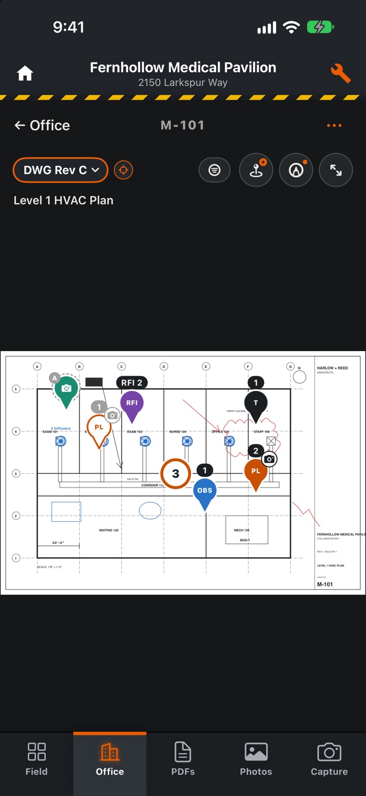 CoordBase on iPhone: sheet M-101, the Level 1 HVAC plan, with punch, task, RFI, observation and photo pins and a markup cloud