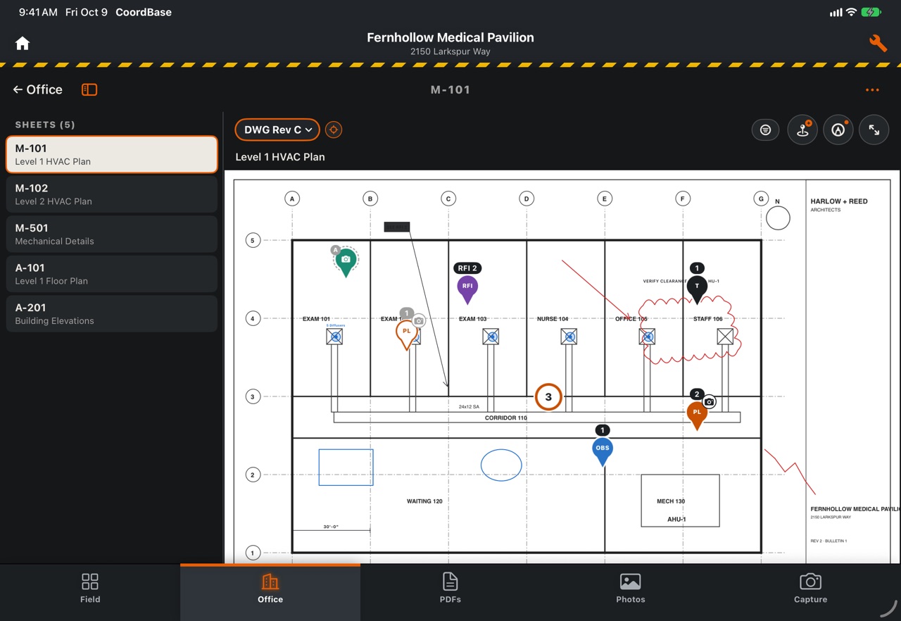 CoordBase on iPad: sheet M-101, the Level 1 HVAC plan, with pins and markup beside the set’s sheet list