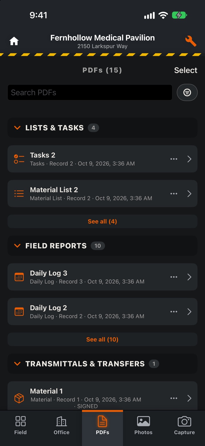 A project’s PDFs list with numbered records: Tasks 2, Material List 2 and Daily Logs 3 and 2
