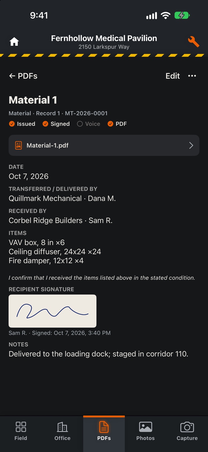 CoordBase on iPhone: Material 1, a material transmittal issued and signed by the recipient, with its PDF