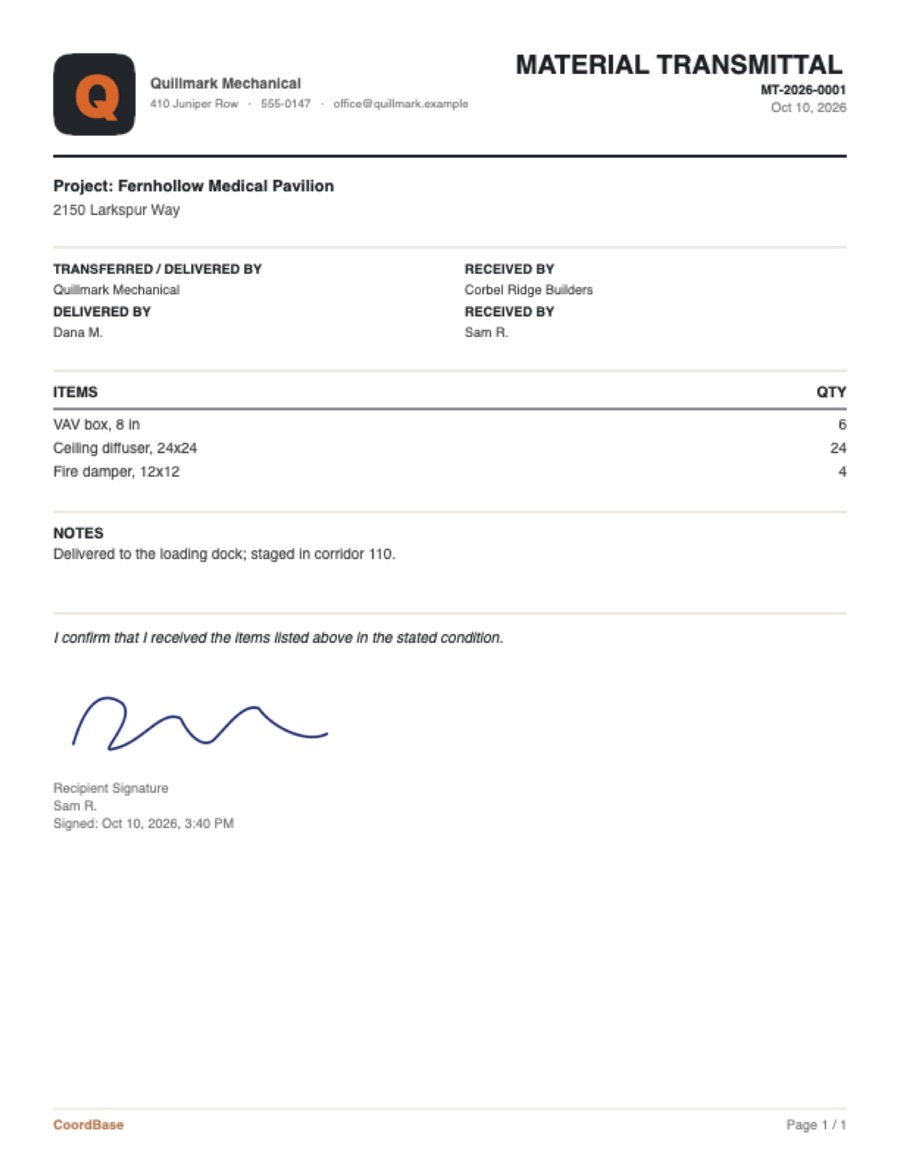 The PDF CoordBase made for Material 1: a material transmittal with the company name and logo, the list of items and the recipient’s signature
