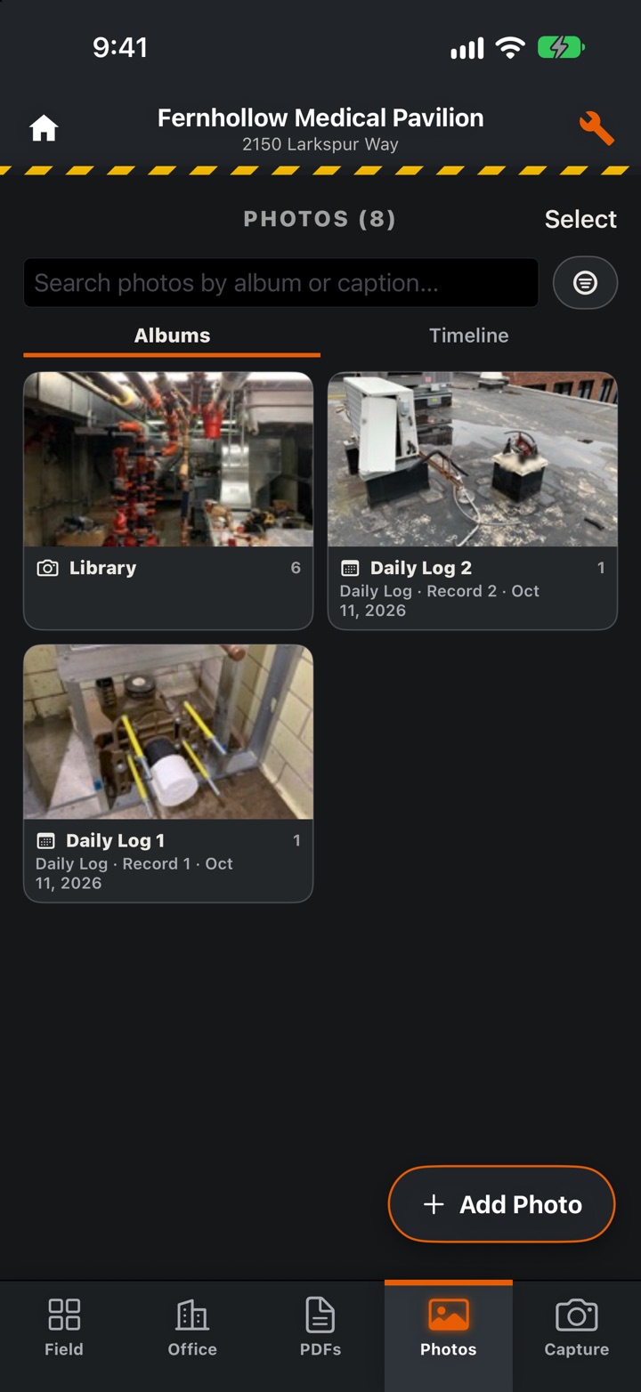 Project photos sorted into albums: the Library and the photos from Daily Logs 1 and 2
