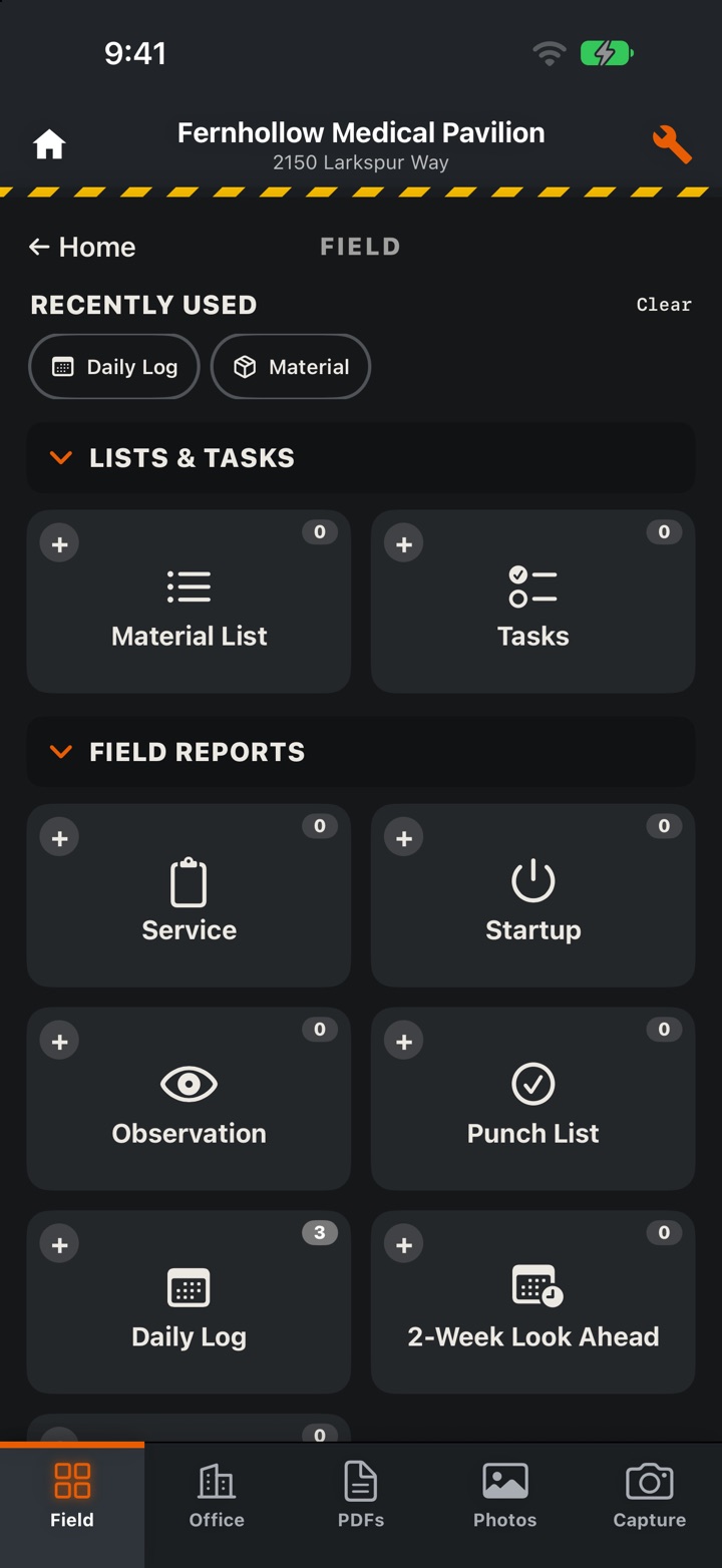 The Fernhollow Medical Pavilion project on iPhone, with its daily logs, punch lists, tasks and field reports